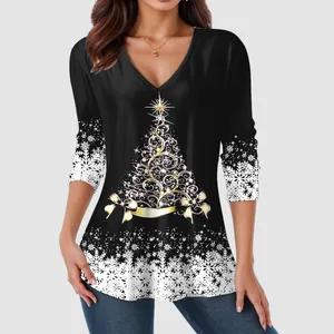 Women's Blouses Christmas Tree Print Blouse Female Autumn Winter V Neck Tunic Tops Long Sleeve Spring Shirts For Women Roupas Femininas 2024