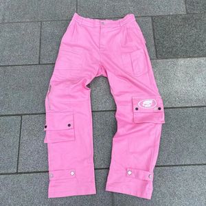 Fatos masculinos retro américa estilo crânio impressão calças de carga personalidade muilt bolsos perna larga reta rosa cor sólida calças casuais ins 231110