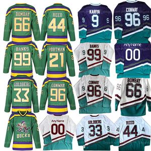 Mens Mighty Ducks Jersey 96 Charlie Conway 99 Adam Banks 66 Gordon Bombay 33 Goldber 9 Paul Kariya 44 Reed 21 Portman Eishockeytrikot Film genähte benutzerdefinierte Namensnummer