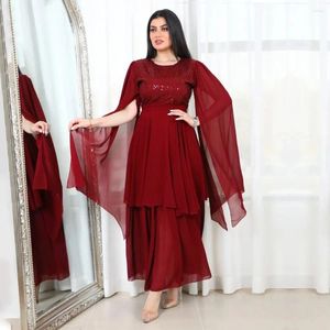 Ethnic Clothing Chiffon Belted Dress Sequins Gown Round Neck Abaya Double Layered Hem Banquet Skirt Muslim Extra Long Split Sleeves Women