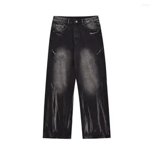 Jeans masculinos lavados retro streetwear homem solto branqueado bandhnu reto comprimento total denim calças largas perna quatro estações