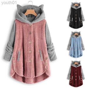 Women's Hoodies Sweatshirts Cat Print Long Hoodies Sweatshirt Women Fleece Warm Button Pocket Pullovers Cat Ear Plus Size Hoodie Top Blouse Sweat Femme zln231111