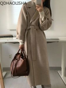 Women's Wool Blends Winter Coat for Women Elegant Long Woolen Belted Korean Fashion Outerwear Casual Trench 2023 in Woman Clothes 231110