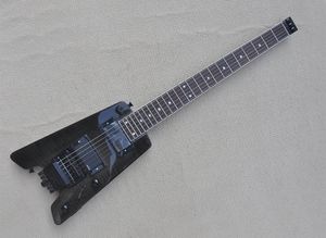 Svart huvudlös elektrisk gitarr med Rosewood Fretboard Flame Maple Veneer kan anpassas som begäran