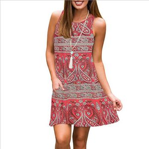 Casual Dresses Womens Summer Sleeveless Bohemian Print Bouquet Waist Swing Loose Pocket T-Shirt Dress