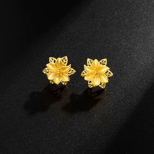 Stud 24K Gold Color Stud Earrings for Women Fine Jewelry Vintage Hollow Flower Earring for Wedding Gift Gold Color Jewelry free ship 230410