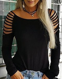 Kvinnors T -skjortor långärmad avslappnad toppstege klippt ut design Europa Amerika mode tee kvinnor kläder 2023 sommaren vanlig halter
