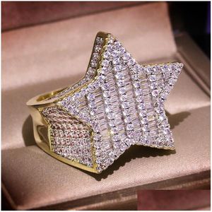 Z bocznymi kamieniami męskie Złote Pierścienie Pięcioosobowa gwiazda FL Diamond Hip Pierścień biżuterii Dhgarden otxp1