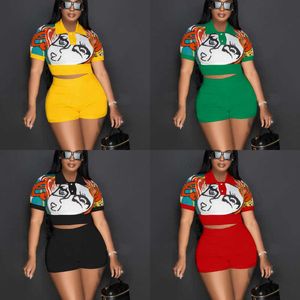 Wholesale Women Clothing Casual Tracksuits Two Piece Outfits 2023 New Style Fashion Printed Polo Collar Cashmere Thread Spliced Shorts Sleeve Shorts Set