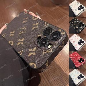 Designer Fashion Leather Telefonfodral för iPhone 15 Pro Max 14 13 12 11 L Letter Brown Yellow Black Floral Back Cover Luxury Mobile Shell Full täckningsskydd