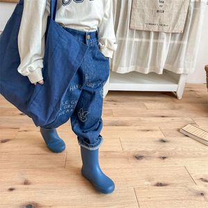 Trousers Autumn Kid Embroidery Casual Jeans Girl Baby Loose Letter Wide Leg Denim Pants Fashion Boy Children Cotton Pockets