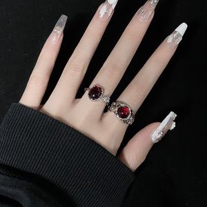 Band Rings Irregular Rings With Opal Aesthetic Egirl Hollow Vintage Red Stone Rings For Women Y2k Flower Bud Open Ring Trendy Jewelry 230410