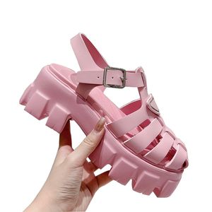 Womens Platform Heels Sandaler flätad icke-halk justerbar fotled spänne klänningskor damer triangulära formade tofflor utomhus casual sko rosa blå mule gummisula