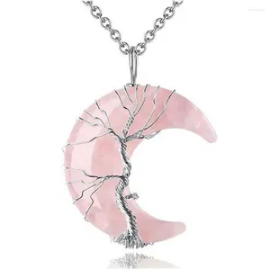 Collane con ciondolo Filo avvolgente Albero della vita Falce di luna Naturale 7 Chakra Cristallo Quarzo rosa Ametista Onice Chip Pietra Collana in resina