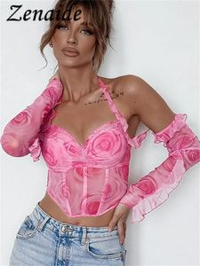 Kvinnor Tshirt Zenaide Summer Halter Neck långärmad Crop Top Floral Print Women Lace Up Sexig Skinny Ruffles T Shirt Beach Vacation 230411