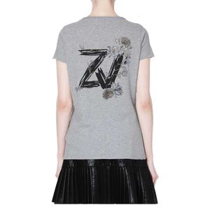 Camiseta feminina 23 verão nova minoria francesa ZV Button Feminino Voltar Voltar Letra Impressa Flor Hot Diamante Camiseta de Manga Curta