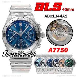 BLSF 42mm Chronomat AB01344A1 Automatisk A7750 MENS Titta på Chronograph Blue Stick Markers Dial Rostless Steel Armband Watches TimeZoneWatch Twbr C149C