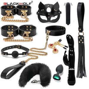 Adult Toys BLACKWOLF BDSM Bondage Kits Genuine Leather Restraint Set Handcuffs Collar Gag Rabbit Vibrators Sex For Women Couples 230411