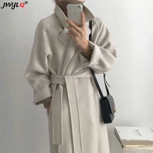 Womens Wool Blends Autumn Winter Warm Mid Length Blend Streetwear Coat Korean Fashion Loose Belt Snow Wear Outwear AllMatch Cardigan Jackets 231110