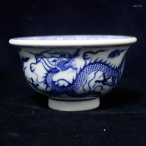 Koppar tefat Jingdezhen porslin hand ritade blå och vita dubbla drakar som leker med pärlor pressade kopp te skålen singel
