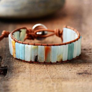 Pulseira de fita Bohemia Amazonite Amazonite Single Vintage Leature Wrap Semi Precious Stone Disped Drop