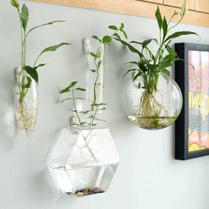 Vases Nordic Glass Hydroponic Wall Vase Wall Decoration Hanging Green Plants Eroupen Home Decoration Flower Vase Fish Tank Gift P230411