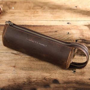 Pencil Case Crazy Horse Leather Portable Double Zipper Large Capacity Retro Storage Pen Bag For Gifts