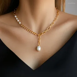 Girocollo CCGOOD Collana a catena a maglie ovali Catene placcate oro 18 carati Collare in metallo Collane con ciondolo di perle naturali per le donne Gioielli alla moda