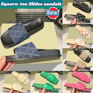 مصمم جديد sqaure-toe slides نساء صندل رجال النعال الدنيم العاج البيج الأبنوس عارية بيج قماشية الأبنوس أسود من الجلد الأبيض المنقوش