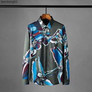 Męskie koszule Wysokiej jakości druk jedwabna koszula Mężczyzna długie rękaw Slim Casual Shirt Business Formalne sukienki Formalne koszule Streetwear Party Tuxedo Tops W0410