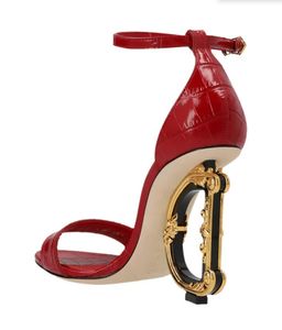 Luxury Women Sandal Keira Gold Heel Barock High Heels Gold-Plated Carbon Party Wedding Dress Lady Sandalias Open Toe Black Patent Leather Ankel Strap Box35-43