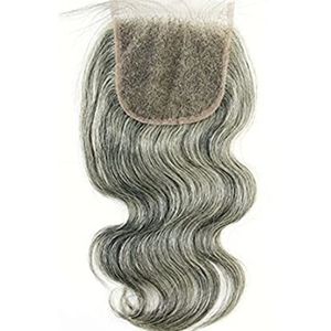 Chiusura di pizzo grigio grigio sale corto e pepe personalizzato 4x4 onda corpo grigio estensione per capelli 10 pollici piombo circa 13 giorni