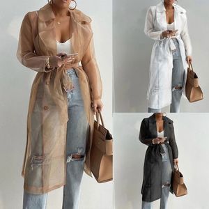 Women s Trench Coats Fashion Women Mesh Jacket Puff Sleeve Sunscreen Shirt Lace Up Summer Thin Coat 231110