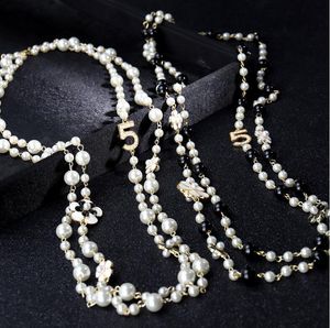 Trendy Long Pearls Necklace for women Flower Number 5 Necklace Layered Sweater Necklaces Camellia Flower Collares Party