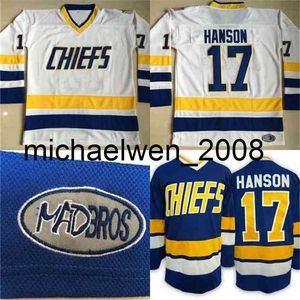 Weng #17 Steve Hanson Charlestown Jersey, herr Hanson Brother Slap sköt 100% sömnad broderi filmhockey tröjor blå vit