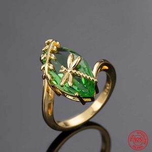 Bandringar 925 Silver Green Gemstone Dragonfly Rings for Women Wedding Jewelry P230411