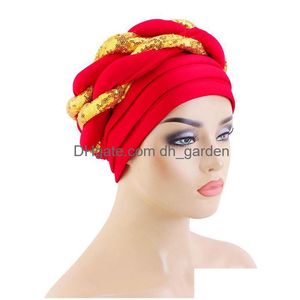 Szaliki Nowe afrykańskie cekinowe żelki turbanowe Aso Okefor Headtie Plisted Beanie Projektanta Bonnety Hairs Accesso dhgarden dhwb9