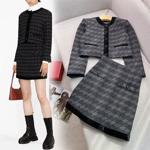 Two piece suit dress French fashion round neck contrasting bird check short jacket for women with half skirt set