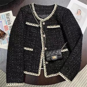 Mulheres misturas de lã preto curto pequena fragrância jaqueta mulheres casaco tweed fio de ouro tecido overwear casual terno jaquetas feminino primavera outono 231110