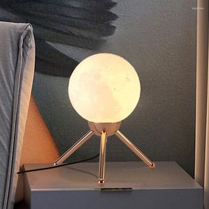 Bordslampor Nordic Creative Lamp Moon 3d Night Light Printing Lampshade Golden Bedroom Christmas Gifts LED