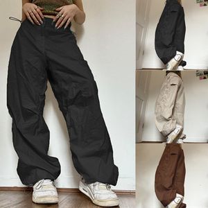Women's Pants Y2K Cargo Casual Low Waist Drawstring Joggers Tech Baggy Trousers Vintage Loose Solid Wide Leg Streetwear 230410
