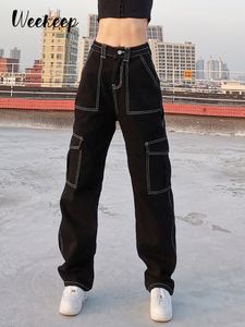 Kadınlar kot pantolon cepleri patchwork bol moda sokak kıyafetleri% 100 pamuklu kadın kot pantolon gevşek kargo pantolonları Kore harajuku 230411