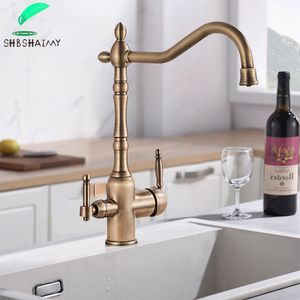 Kitchen Faucets Antique Brass Filter Faucet Drinking Pure Water Tap Deck Mounted Dual Handles 3Ways and Cold Mixer 230411