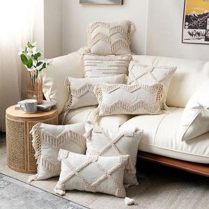 Pillow Tufted Boho Nordic Style Case With Tassels Cotton Linen Beige Cover For Bedroom Home Decoration 30x50cm 45x45cm