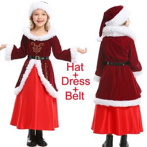 Clothing Sets Kids Year Party Christmas Stage Performance Cosplay Costume Wine Red Long Dress Cute Xmas Girl Dress with Hat and Belt 231110