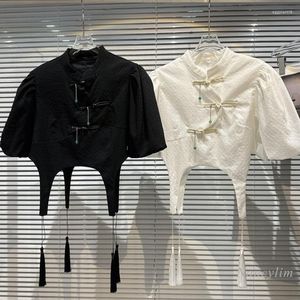 Women's Blouses 2023 Summer Chinese Style Tassel Pendant Hem Buckle Design Puff Sleeve Blouse Women Short Shirt Solid Color Blusas