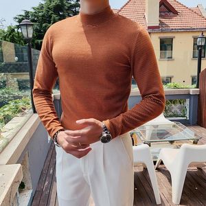 Men's T Shirts Orange Pinstripe Turtleneck Mens Felted England Gentleman Bottom Blouses Vintage Elegant Clothing Slim Fit