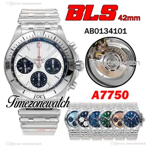 BLSF 42mm Chronomat AB0134101 Automatisk A7750 MENS Titta på Chronograph White Stick Markers Dial Rostless Steel Armband Watches TimeZoneWatch Twbr C149B