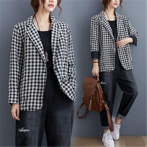 Frauen Anzüge Blazer 2023 Frühling Herbst Mode Kurz Anzug Kragen Langarm Literarische Casual Baumwolle Und Leinen Plaid Lose Jacke Weiblich