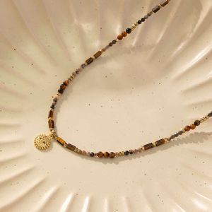 Maillard Wind Tiger Eye Stone Handmade Beaded Necklace with A Small Style Stainless Steel Sun Pendant Collar